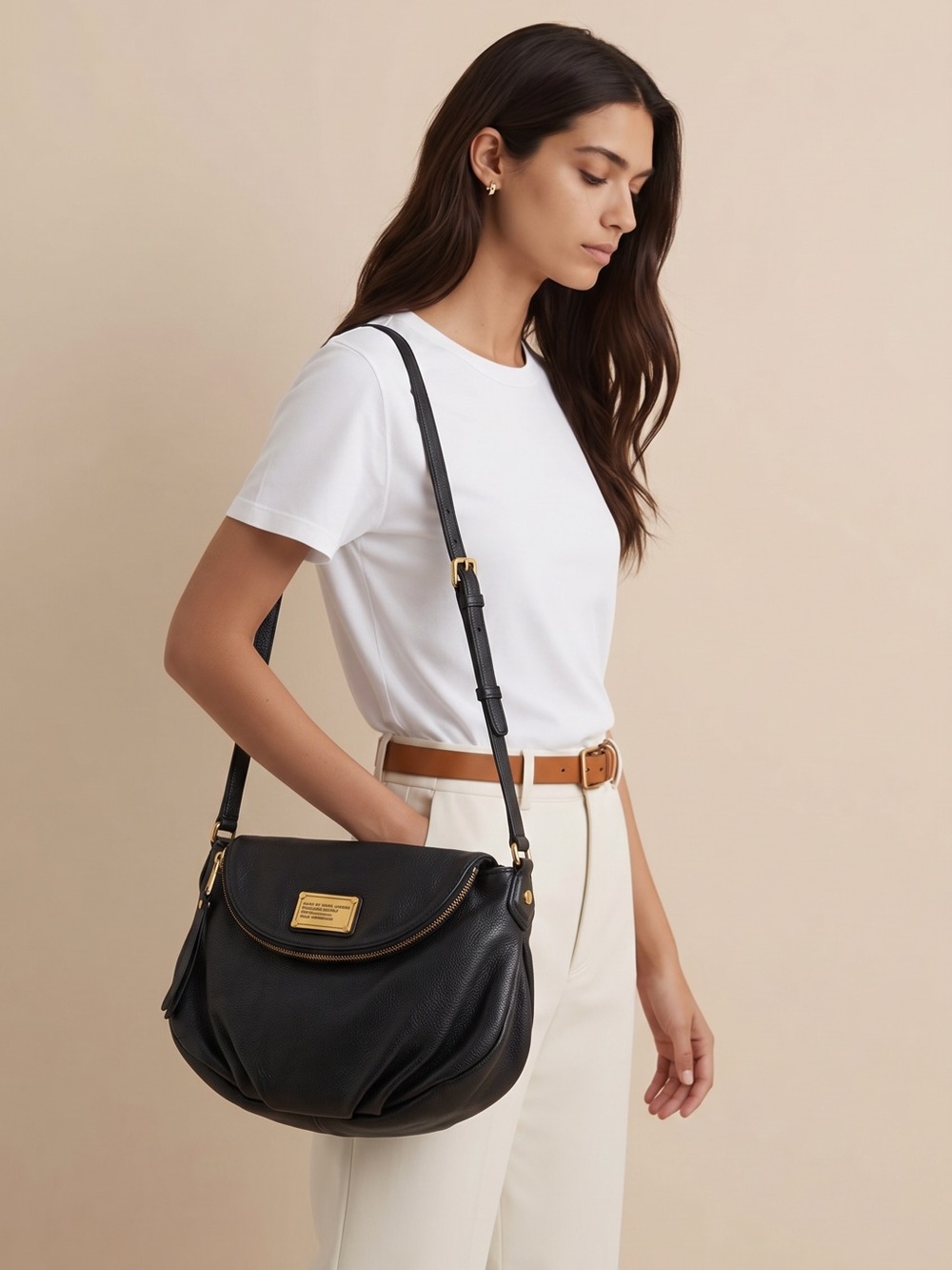 Classic Q Natasha Black Leather Shoulder Bag with Gold Hardware